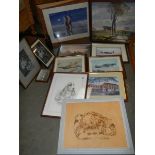 Approximately 12 framed and glazed prints featuring aircraft, dogs etc.,