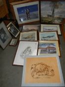 Approximately 12 framed and glazed prints featuring aircraft, dogs etc.,