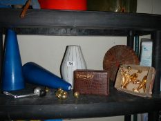 A shelf of miscellaneous items.