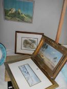 A gilt framed desert scene, a study of a reclining figure and two framed and glazed pictures.