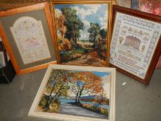 Two framed and glazed samplers and two framed and glazed woolwork pictures. COLLECT ONLY.