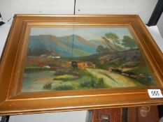 A 19th century gilt framed and glazed oil painting featuring highland cattle, signed.