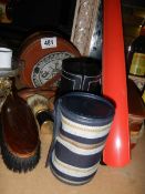 A leather bound collar box, shoe horn, brushes etc.,