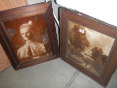 An oak framed portrait of an Indian gentleman and an oak framed rural scene.