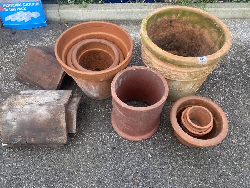 A quantity of terracotta pots, roof tiles etc