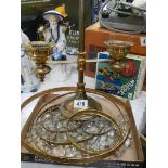 A brass and glass three ring chandelier and a table lamp. COLLECT ONLY.