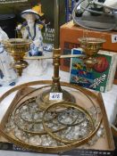 A brass and glass three ring chandelier and a table lamp. COLLECT ONLY.