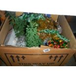 A box of Christmas decorations.