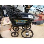 A vintage wooden dolls pram with painted sides, COLLECT ONLY.