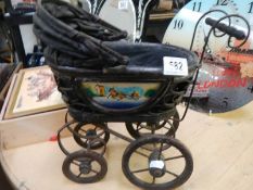A vintage wooden dolls pram with painted sides, COLLECT ONLY.