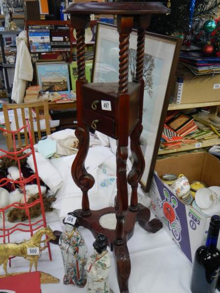 A late 20th century mahogany wig stand with two drawers, COLLECT ONLY.