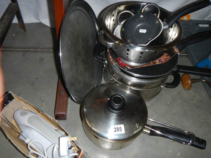 A quantity of clean kitchenware, sauce pans etc.,