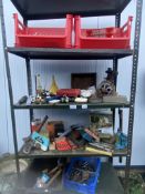 4 shelves of workshop tools, tins etc