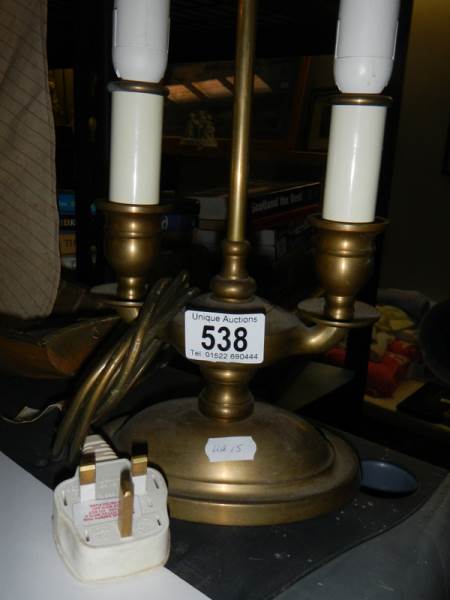 An early 20th century double brass table lamp and a glass ceiling light. - Image 2 of 2