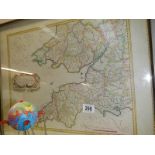 A framed and glazed map of south west England and Wales. COLLECT ONLY.