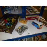 A boxed of mixed die cast including Matchbox and OO/HO scale track side accessories.