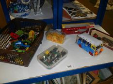 A boxed of mixed die cast including Matchbox and OO/HO scale track side accessories.