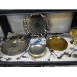 A mixed lot of brass and silver plate including brass gong, spoons etc.,
