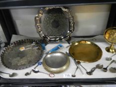 A mixed lot of brass and silver plate including brass gong, spoons etc.,