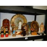 A varied selection of carved wooden items including eagle, soldier, condiment set, totem pole etc.,