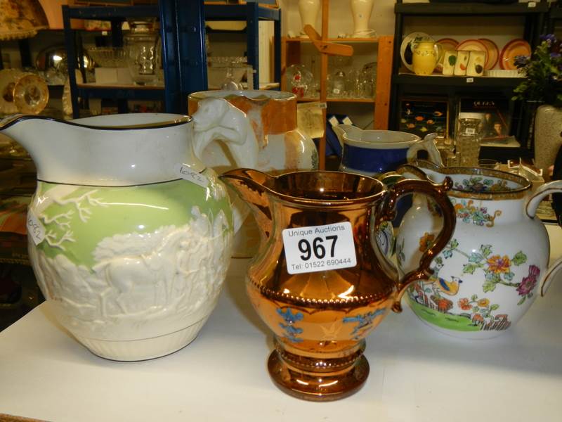 A Waring & Gillows Spode jug a/f, A Wedgwood John Peel jug and other 19/20th century jugs.