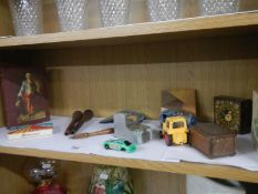 A self of miscellaneous including wooden boxes, pastry crimper, Dinky and Corgi etc.,