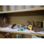 A self of miscellaneous including wooden boxes, pastry crimper, Dinky and Corgi etc.,