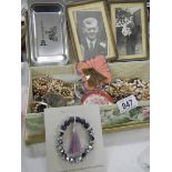 A box of costume jewellery, Edwardian photo frames etc.,