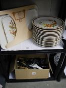 A quantity of Mountain Wood collection trellis blossom dinner plates and a box of cutlery.