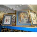Four framed and glazed Egyptian themed needlework's including King Tutankhamun.