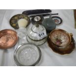 A mixed lot including mother of peal lidded pot, copper ash tray, cup and saucer etc.,