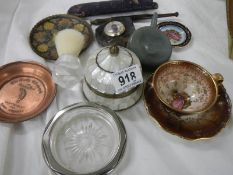 A mixed lot including mother of peal lidded pot, copper ash tray, cup and saucer etc.,