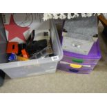 A box of office supplies and filing drawers.