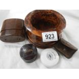 A vintage walnut bottle coaster, Souplex shaving container etc.,