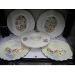 Two Burleigh ironstone 'Naughty Nineties' plates, 2 Parrot company coronet ware hand painted plates