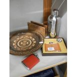 A boxed hip flask, laser engraved letter rack and a carved Indian wooden plate.