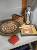 A boxed hip flask, laser engraved letter rack and a carved Indian wooden plate.