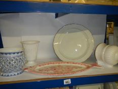 A large Quimper France fish plates, blue and white planter, wall pocket etc.,