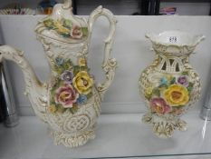 A large Capo-di-monte floral coffee pot with dragon spout and a similar vase.