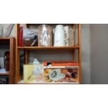 A mixed lot of kitchen utensils including mixer, thermos etc., two shelves.