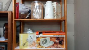 A mixed lot of kitchen utensils including mixer, thermos etc., two shelves.