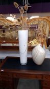 A Bulbous pottery & a tall glass vase with dried flowers, COLLECT ONLY