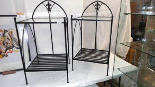 A pair of wrought iron display units with glass shelves, shelf height 47cm x 48cm x 69cm, Back