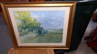 A gilt framed print of heavy horses ploughing titled 'The Noon Visit' 69cm x 57cm COLLECT ONLY