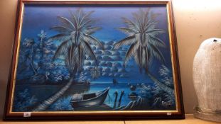 A large blue painting on board of a tropical scene signed Sorel 2004 107cm x 82cm approx. COLLECT