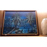 A large blue painting on board of a tropical scene signed Sorel 2004 107cm x 82cm approx. COLLECT