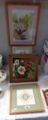 A gilt framed painting of flowers on mirror & a watercolour of lilies under bridge etc.