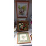 A gilt framed painting of flowers on mirror & a watercolour of lilies under bridge etc.