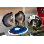 Polished quartz banded agate bookends, a polished fossil and 1 other