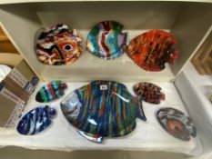 A collection of retro painted fish glass plates, 4 small, 3 medium & 1 large, all unique